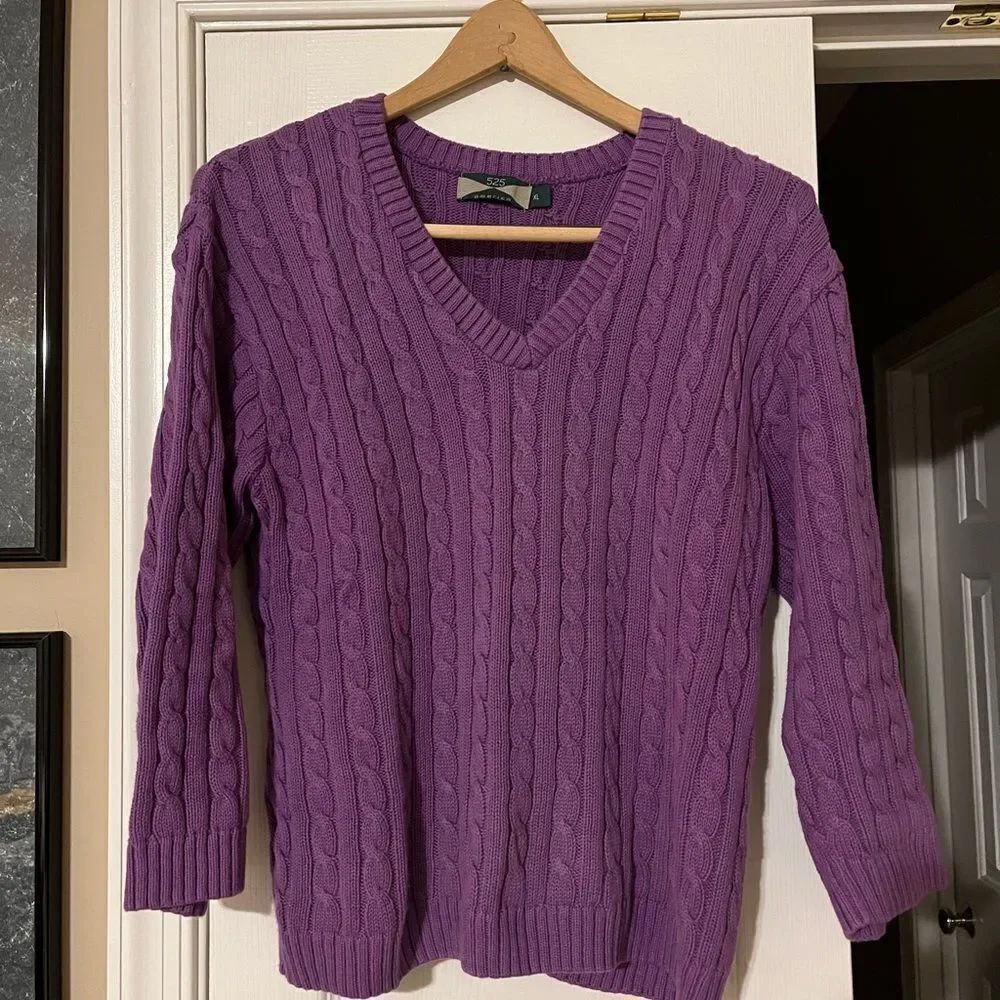 525 America Purple Cable Knit V-Neck Sweater sz XL EUC